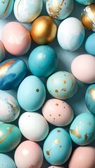 Pastel-hued, marbled eggs with gold accents on a light blue surface