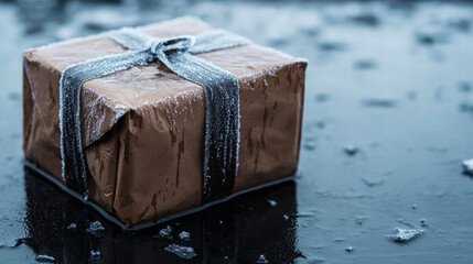 Frosted parcel brown paper icy ribbon wet surface winter gift frozen present