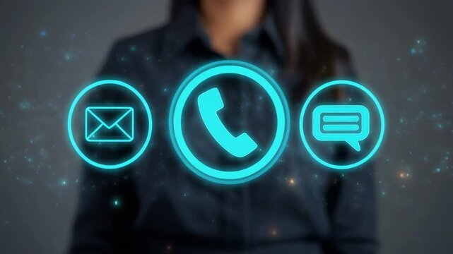 Business person pressing virtual contact us phone symbol interface.