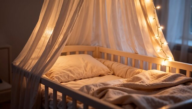 Dreamy Baby Crib Adorned with Soft Canopy Lights