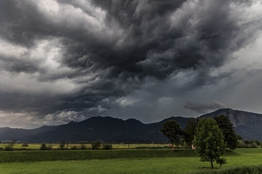 Dark storm clouds during a thunderstorm, storm, summer, mountain landscape, Loisach-Lake Kochel-Moore, Bavaria, Germany