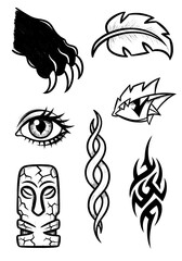 Sketch Tattoo Flash Vector Set: Hand-Drawn Collection of Tribal Graphics, Tiki Mask, Animal Claw, Eye, and Feather Elements