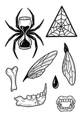 Macabre Vintage Tattoo Elements Set: Spider Hourglass, Bones, Vampire Fangs, and Insect Wings