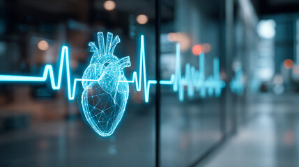 holographic heartbeat display, clean blue lighting, modern hospital ambiance, advanced healthcare innovation.