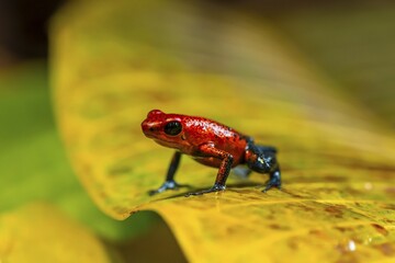 Strawberry poison-dart frog (Oophaga pumilio) sitting on a yellow leaf, Heredia province, Costa Rica