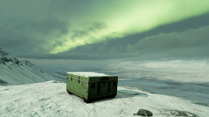 Frozen container with protective seals resting on pristine snowy plateau under green aurora glow, isolated cold landscape evokes quiet wonder