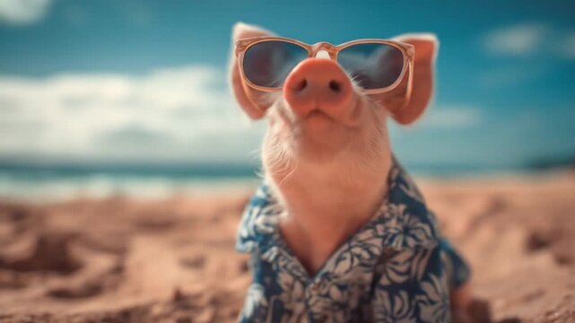 A chic pig wearing sunglasses and a tropical shirt poses on a sunny beach with ocean behind the seas
