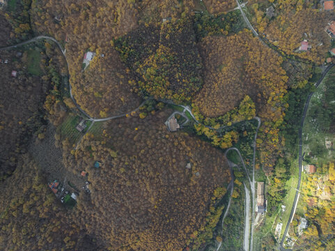 Aerial view of winding roads cutting through a tapestry of autumn foliage, dotted with houses, Capocastello, Campania, Italy.