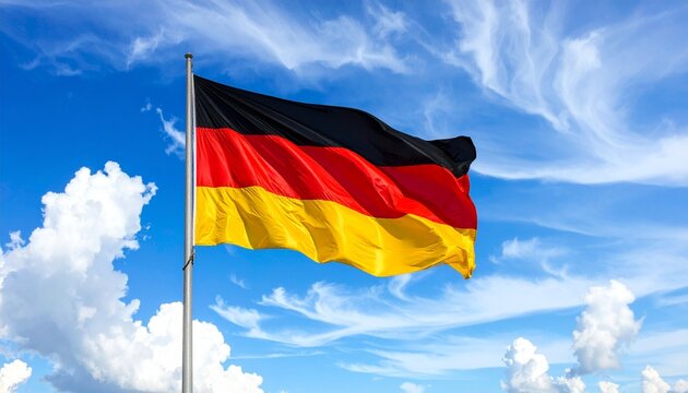 Germany national flag with black, red, gold stripes, flying on pole against blue sky. - Powered by Adobe