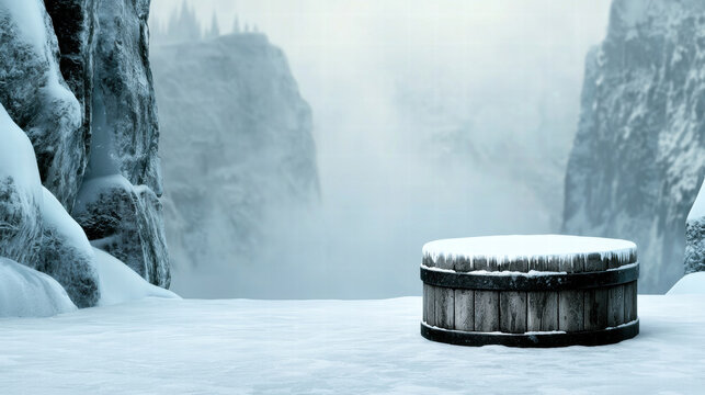 Snow covered wooden barrel on frozen mountain plateau with misty canyon backdrop, solitary cold atmosphere