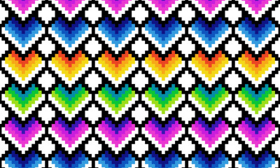Colorful pixel art heart pattern background. multicolored heart shapes.