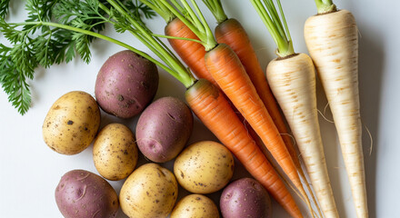 Close-up of a selection of root vegetables (e.g., small potatoes, carrots, parsnips) with their natural dirt still subtly visible, arranged on a white background. Emphasizes their rustic, natural stat