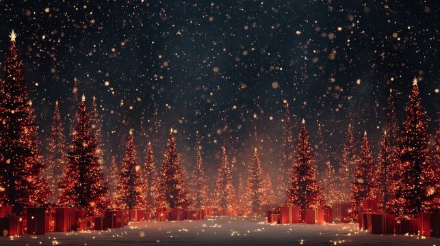 illuminated christmas trees with red and golden garlands into a forest with snowy flakes with shape of stars  close to xmas gifts in red boxes  generative ai illustration 2026
