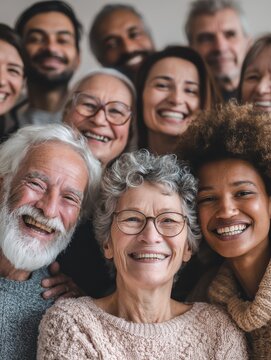group of multigenerational people smiling in front of camera  multiracial friends of different ages having fun together  main focus on caucasian senior faces no logos no brands ar 34