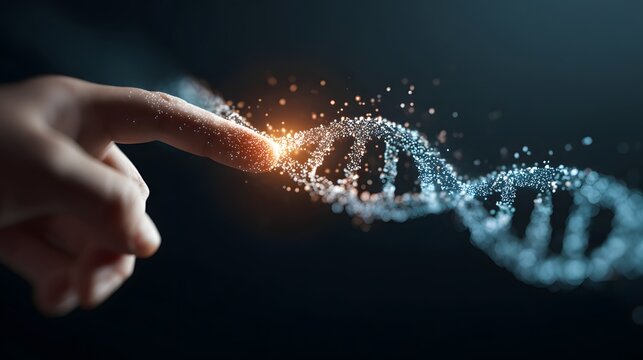 A hand touching a holographic DNA helix with clean minimal lighting expressing genetic innovation and scientific precision