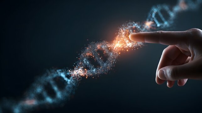 A hand touching a holographic DNA helix with clean minimal lighting expressing genetic innovation and scientific precision