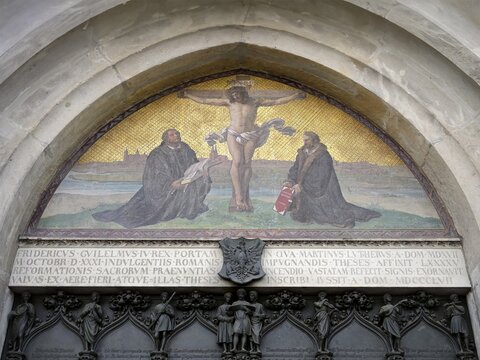 All Saint Church or Castle Church, Theses door where Martin Luther posted in Latin his 95 theses, Luther City Wittenberg, Saxony Anhalt, Germany