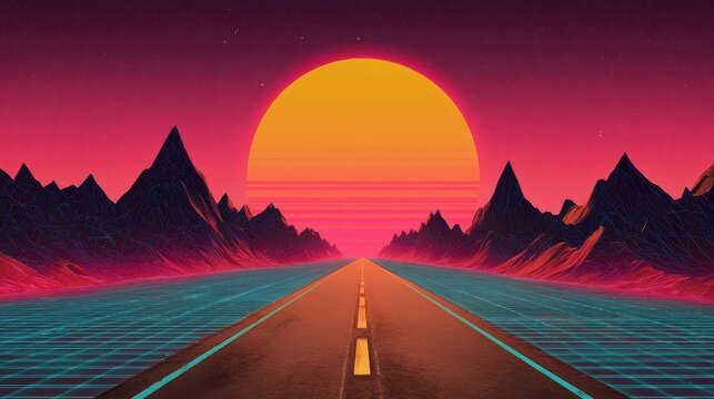 trendy neon synth wave landscape with sunset sky road and mountains retro abstract background 2026