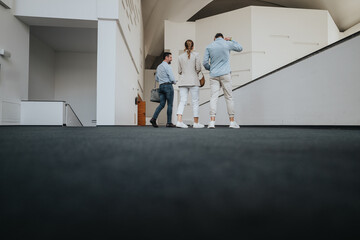 A group of coworkers in casual blue shirts and white jeans stands in a spacious, minimalist atrium,...