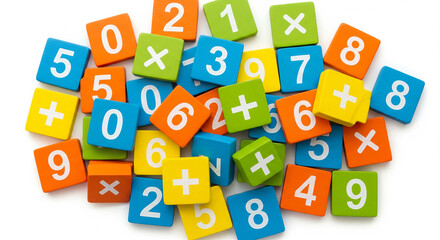 Pile of colorful wooden math blocks with numbers and operation symbols isolated on white background