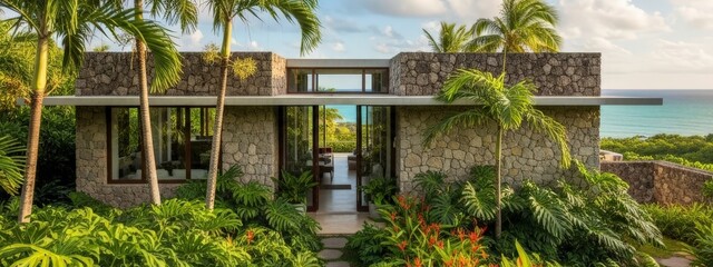 Modern tropical stone villa with ocean view and lush garden