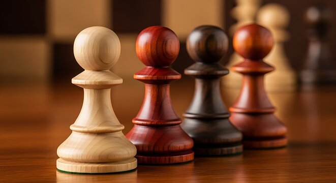 A close-up shot captures an orderly array of wooden pawns set on a chessboard, representing strategy and the opening moves of a game.