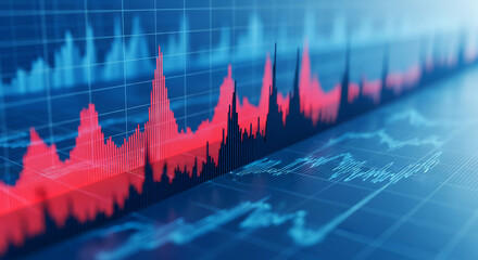 Abstract digital financial chart displaying stock market data with red and blue fluctuating graphs on a dark blue grid background