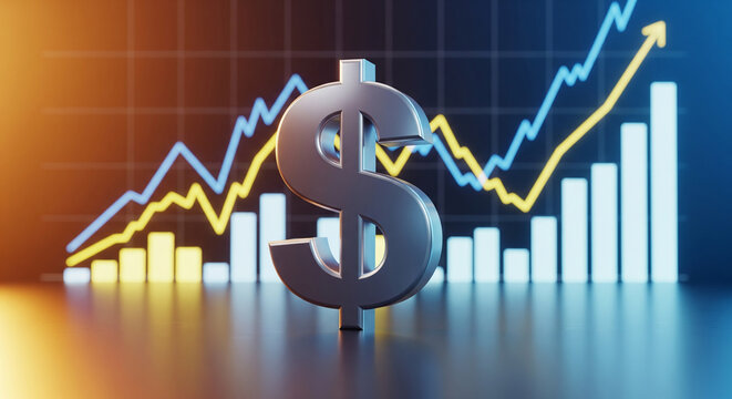 Three dimensional metallic dollar sign symbol centered in front of a glowing blue and yellow line graph and bar chart illustrating financial growth and market trend
