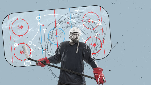  Hockey player isolated on tactics plan background - stadium. Ready to shoot goal. - Powered by Adobe