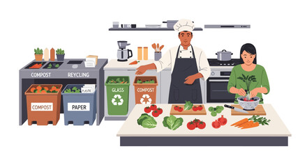 Chef and Assistant Preparing Food with Recycling Bins.