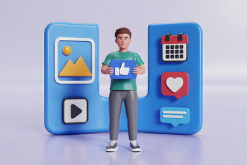 3D Man Holding Social Media Like Button with Icons