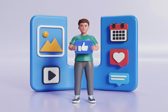 3D Man Holding Social Media Like Button with Icons - Powered by Adobe