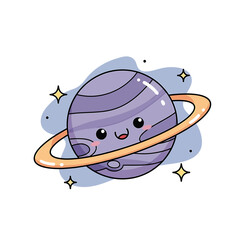 Cute Cartoon Saturn Planet with Rings and Stars.