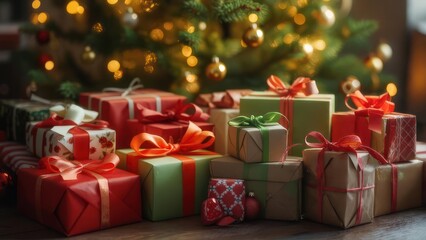 Colorful wrapped gifts stacked in front of a glowing Christmas tree, inviting festive cheer