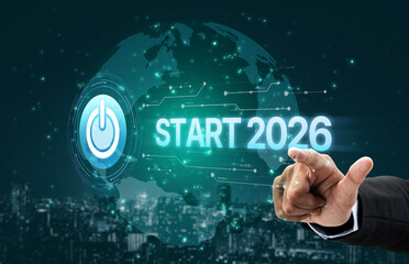 Start 2025 concept with futuristic power button symbolizing fresh beginnings, innovation, and digital transformation. Start 2025, new goals, and start 2025 initiative. Spline