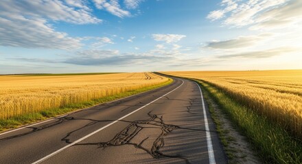 A winding road through a golden wheat field under a blue sky with white clouds.