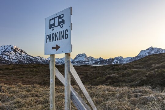 Camping car park, sign, Moskenesoya, Lofoten, Norway