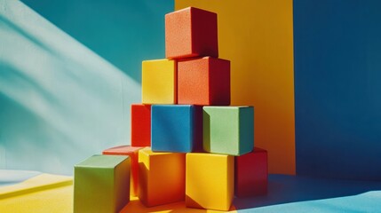 Obraz premium Colorful blocks pyramid in sunlight playful geometric composition