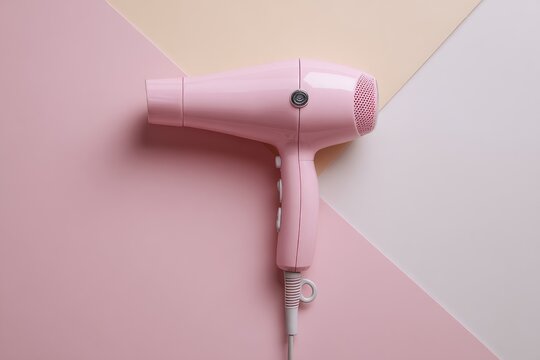 Pink hair dryer on pastel background