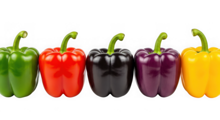 Five colorful bell peppers, green, red, black, purple, and yellow, arranged in a row