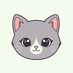 Cute Grey Cat Face with Big Eyes Cartoon Illustration.