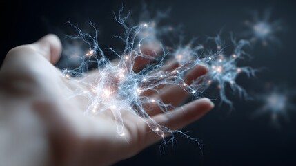 A human hand emitting soft holographic neural network structures visualizing AI communication