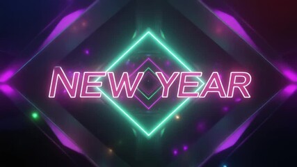 Happy New Year celebration with sparkling geometric shapes and glowing neon text "New Year" - Powered by Adobe