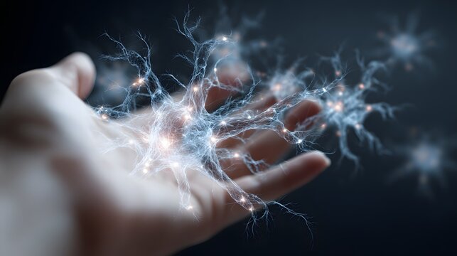 A human hand emitting soft holographic neural network structures visualizing AI communication