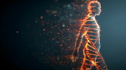 A human silhouette layered with glowing DNA strands symbolizing genetic advancement