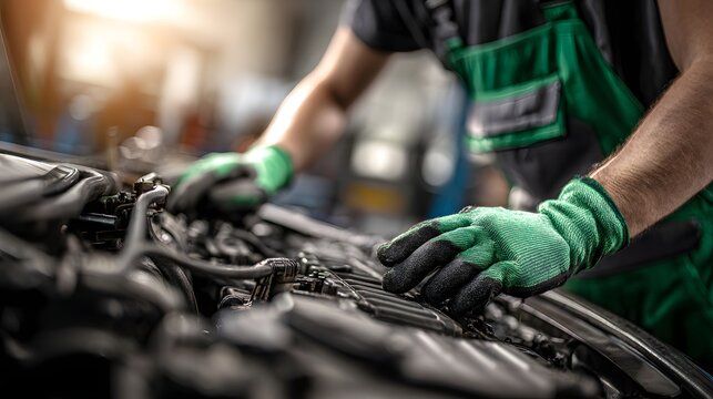 Close-up of a mechanics hands in green gloves working on a car engine in a garage.