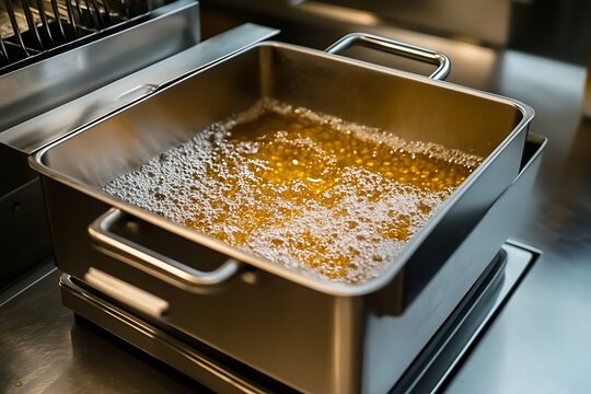 Restaurant deep fryer filled with hot oil for cooking delicious meal