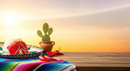 A colorful Mexican sombrero, cactus, and chili peppers on a wooden deck with a sunset background.