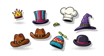 A Cartoonish Ensemble of Hats Representing Diverse Roles and Occasions with whimsical style