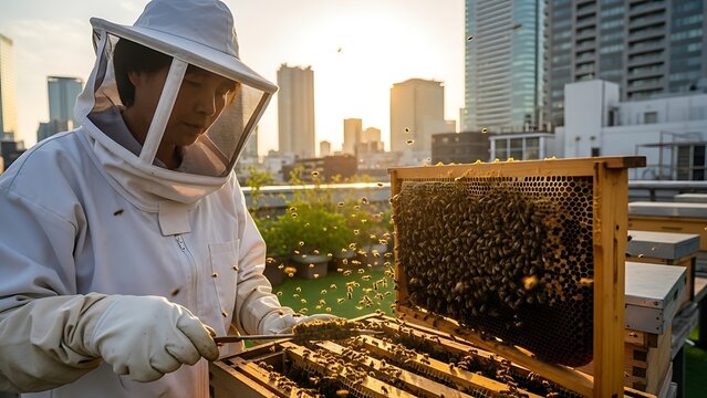 Urban Apiary Harvest: A beekeeper tends to a thriving rooftop beehive, bathed in the golden light of a sun-drenched afternoon in the city.